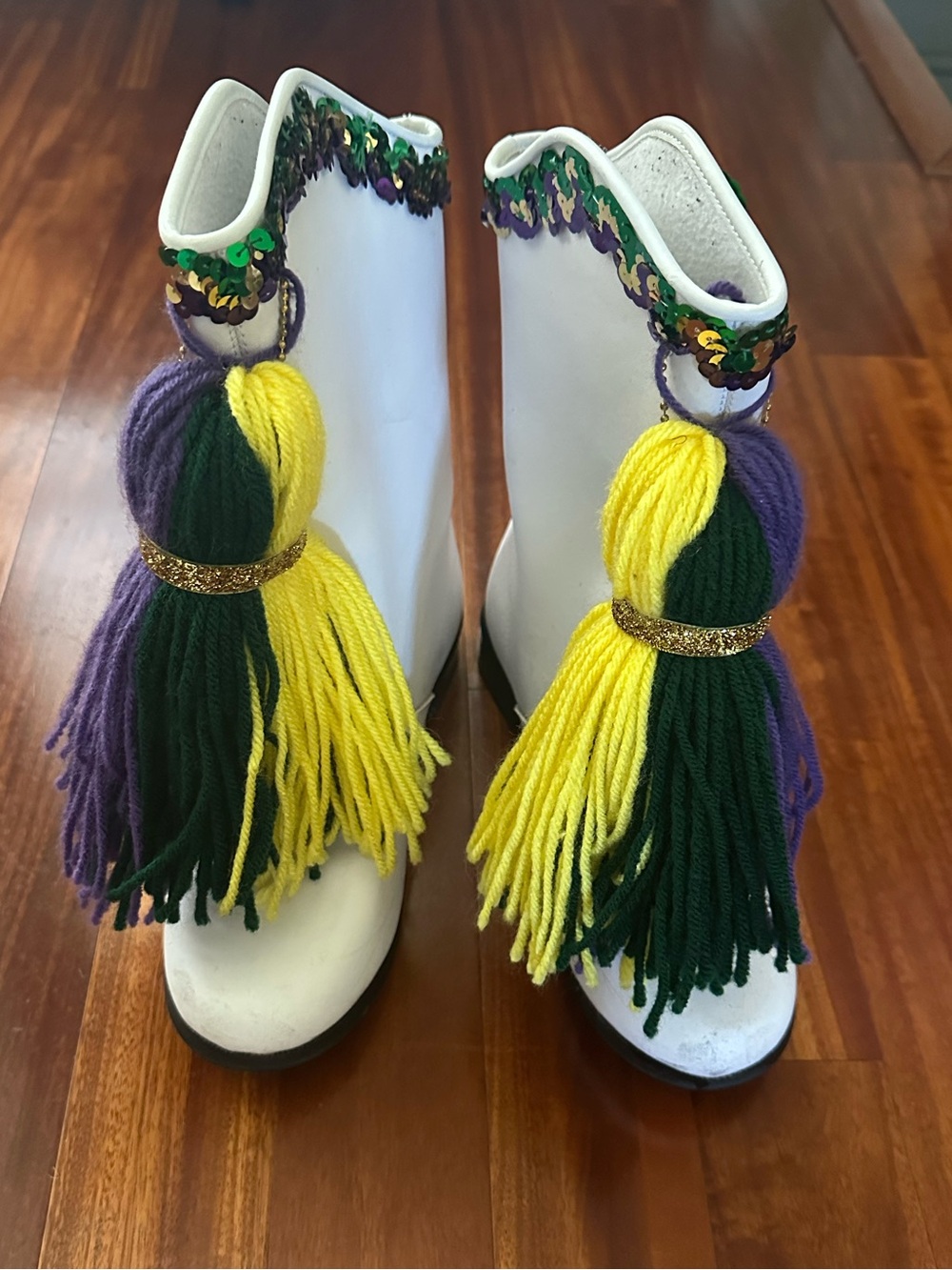 White Ankle Boots with Yellow, Purple & Green Tassel Accents